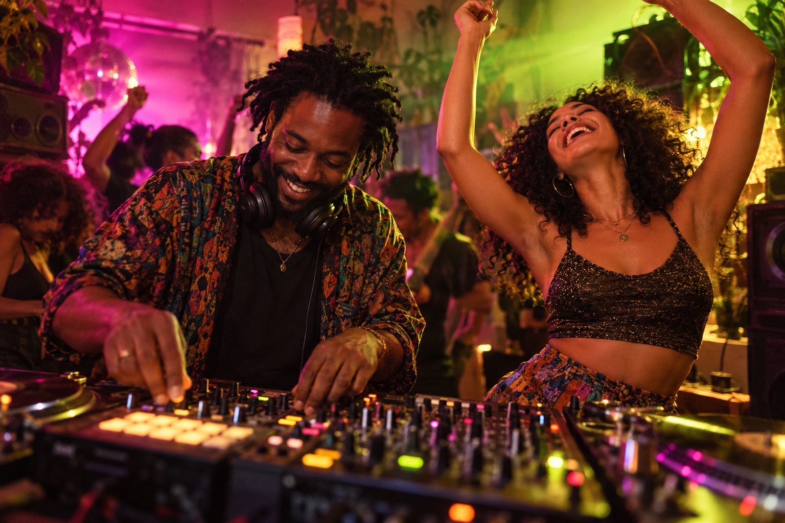 A DJ plays his sampler while his partner throws her arms up and dances with joy in pink and lime party light